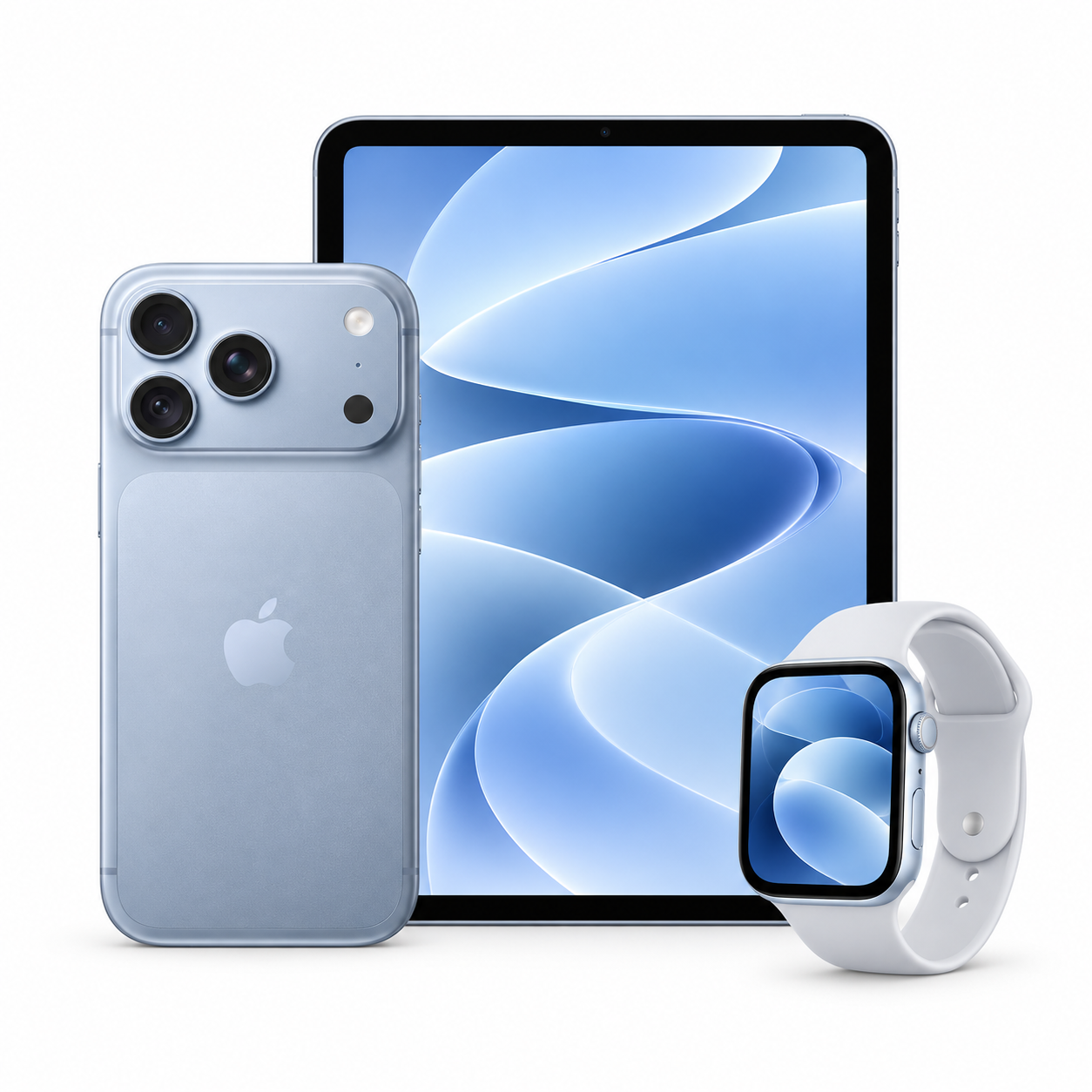 iPhone、iPad 與 Apple Watch 白底合成圖