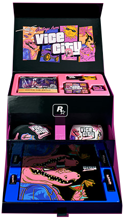 Grand Theft Auto VI 高級典藏盒，包含 Vice City 主題收藏商品