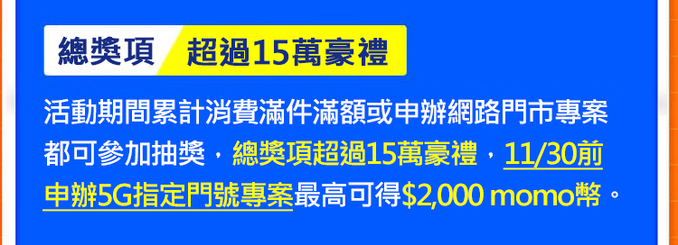 總獎項超過15萬豪禮 活動期間累計消費滿件滿額或申辦網路門市專案都可參加抽獎，總獎項超過15萬豪禮，11/30前申辦5G指定門號專案最高可得$2,000 momo幣。