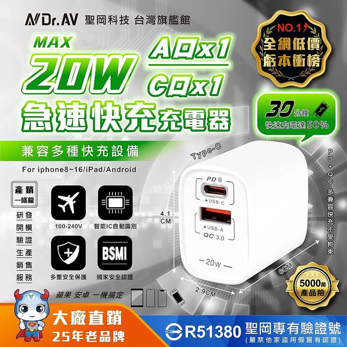 N Dr.AV聖岡科技 20W 雙孔快充USB充電器 USB+Type-C (SU-20AC)