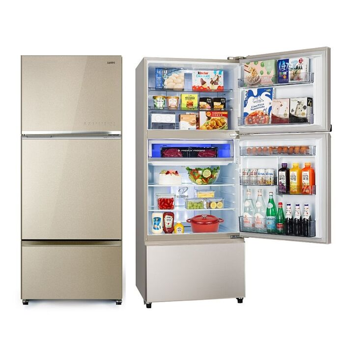 聲寶605公升三門變頻琉璃金微凍結冰箱SR-F61GDV-Y8(含標準安裝)