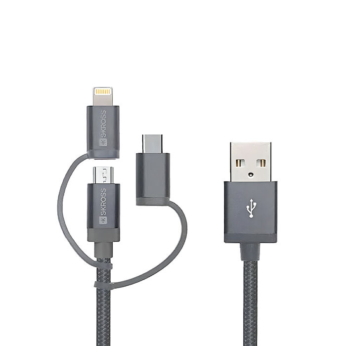 瑞士Skross 蘋果Mfi認證iPhone快充 三合一 USB-A to Type-C+Lightning+Micro-USB充電線 1.2M