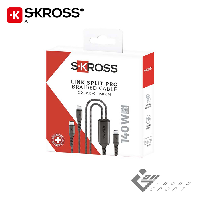 瑞士Skross 140W USB-C 一分二編織快充傳輸線 1.5M