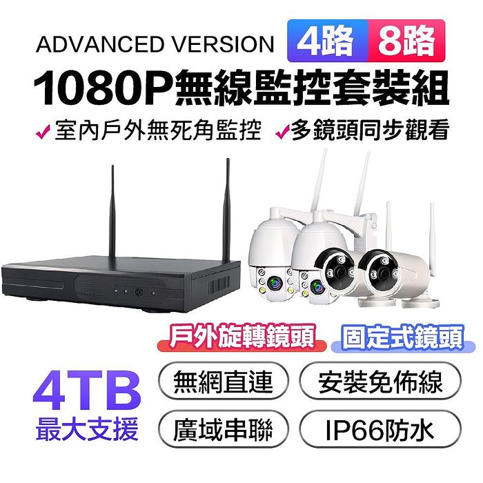 u-ta無線監控NVR主機套裝4路組VS11(主機+2室內固定鏡頭+2戶外旋轉鏡頭)