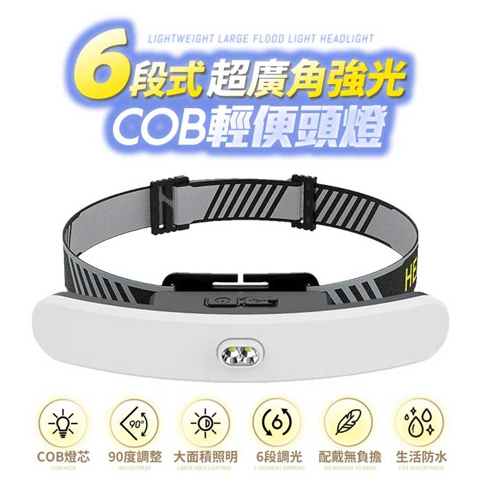 FJ超廣角COB六段式強光輕便頭燈D17(USB充電款)