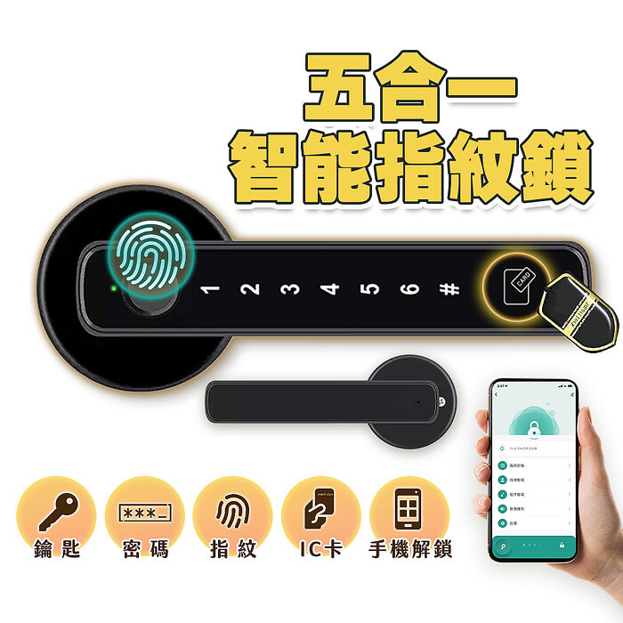 FJ智能5合1指紋/密碼感應防盜電子鎖CK89(附磁卡x2 密碼 鑰匙 磁卡 APP解鎖 指紋 門鎖 門把)