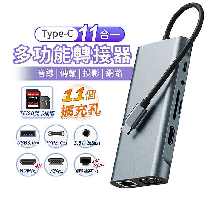 FJ-11合1 TypeC HUB集線器/轉接器DK1(type C Hub 網路孔100MBPS HDMI 轉接 VGA TF/SD讀卡)