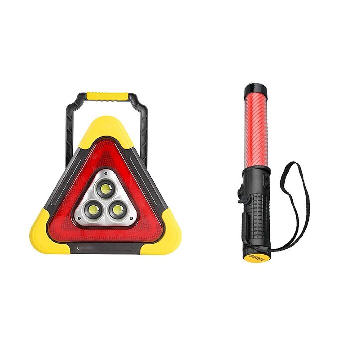 (組合)FJ三角警示燈-大款+交通指揮棒(充電式 安心組合 車內必備MZO23/MZO26)