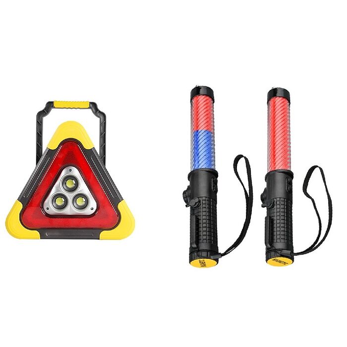 (組合)FJ三角警示燈-大款+交通指揮棒(充電式 安心組合 車內必備MZO23/MZO26)