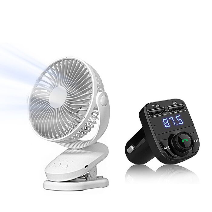 (優惠組合)FJ大風量夾風扇+雙充車用免持藍牙(供電風扇 車充 可擺頭 定時 可壁掛 桌扇 夾扇 8吋 7葉片)