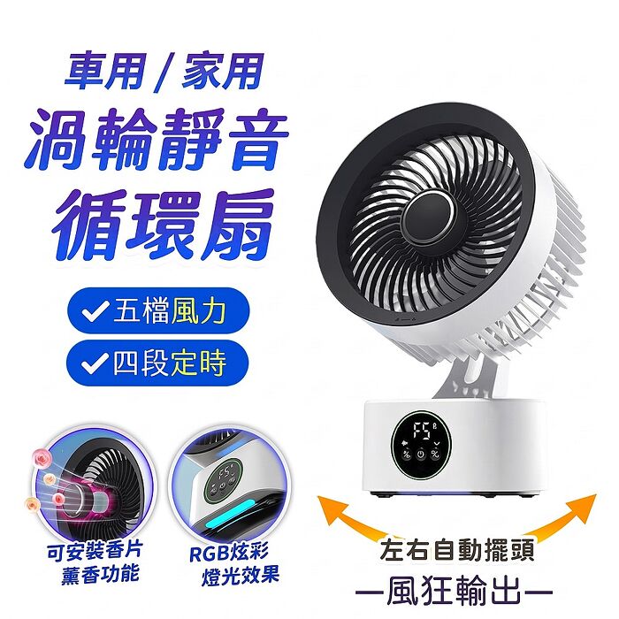 FJ車用/家用渦輪3D立體靜音循環扇風扇S7(贈供電器 USB供電風扇 遙控 可擺頭 定時 可吊掛 桌扇 定時 7吋 3葉片)