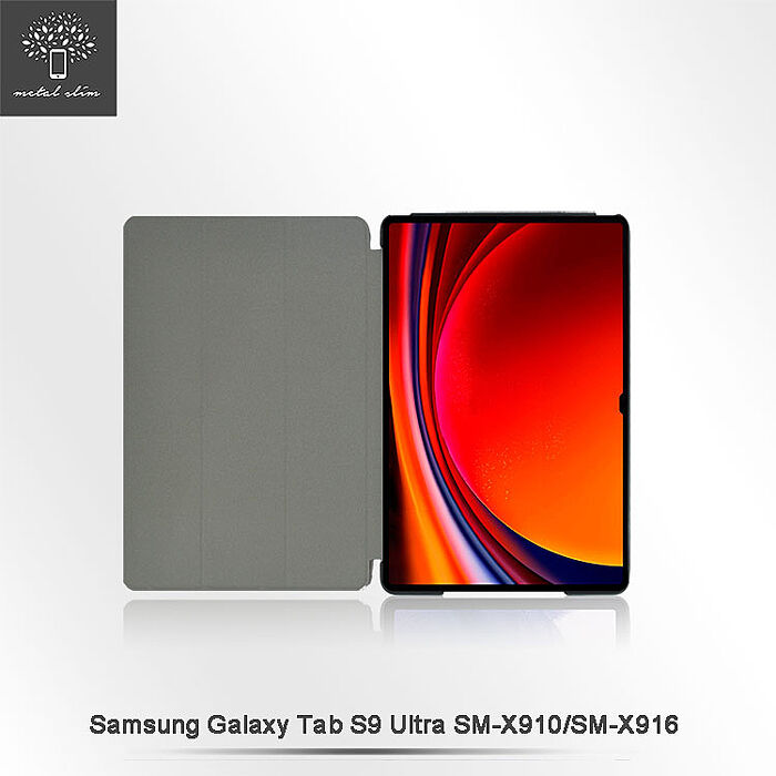 Metal-Slim Samsung Galaxy Tab S9 Ultra SM-X910/SM-X916 高仿小牛皮三折站立磁吸皮套(袋裝)
