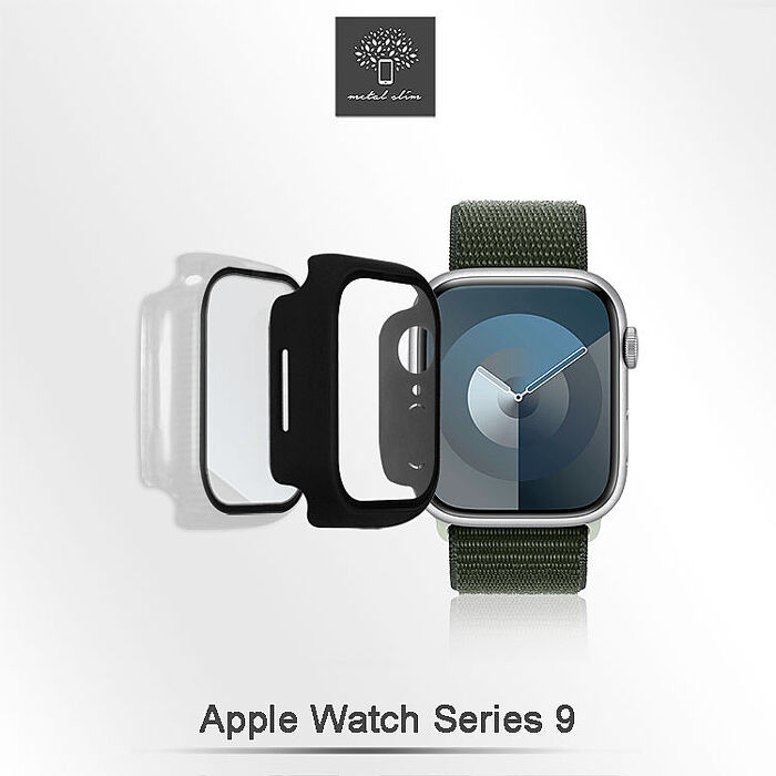 Metal-Slim Apple Watch Series 9 41/45mm 鋼化玻璃+PC 雙料全包覆防摔保護殼