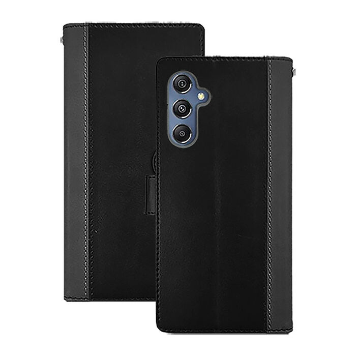 阿柴好物 Samsung Galaxy M34 5G 仿牛皮前扣磁吸雙料撞色皮套-黑+灰