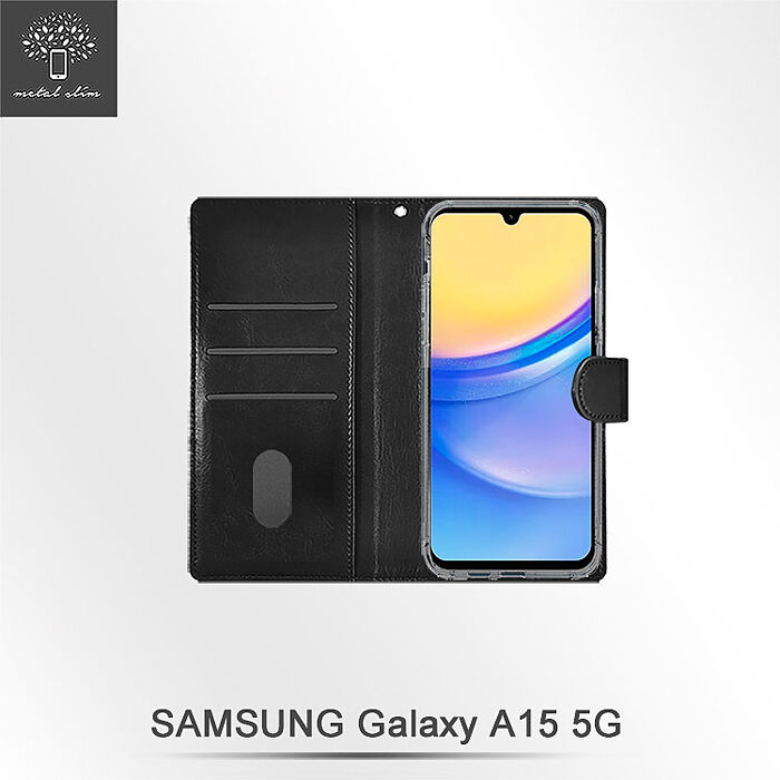 Metal-Slim Samsung Galaxy A15 5G 雙料撞色前扣磁吸內層卡夾皮套-黑+灰