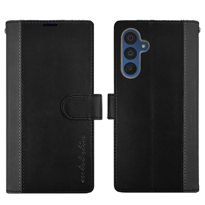 Metal-Slim Samsung Galaxy A15 5G 雙料撞色前扣磁吸內層卡夾皮套-黑+灰