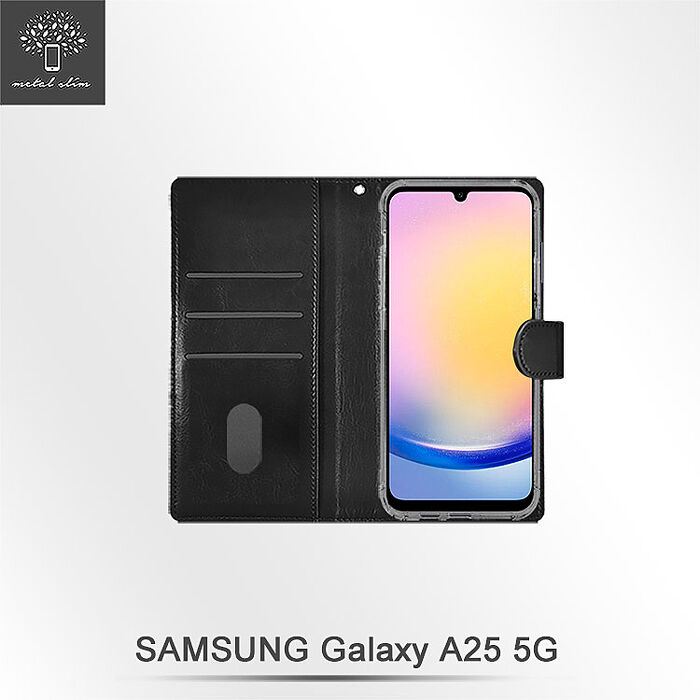 Metal-Slim Samsung Galaxy A25 5G 雙料撞色前扣磁吸內層卡夾皮套-黑+灰