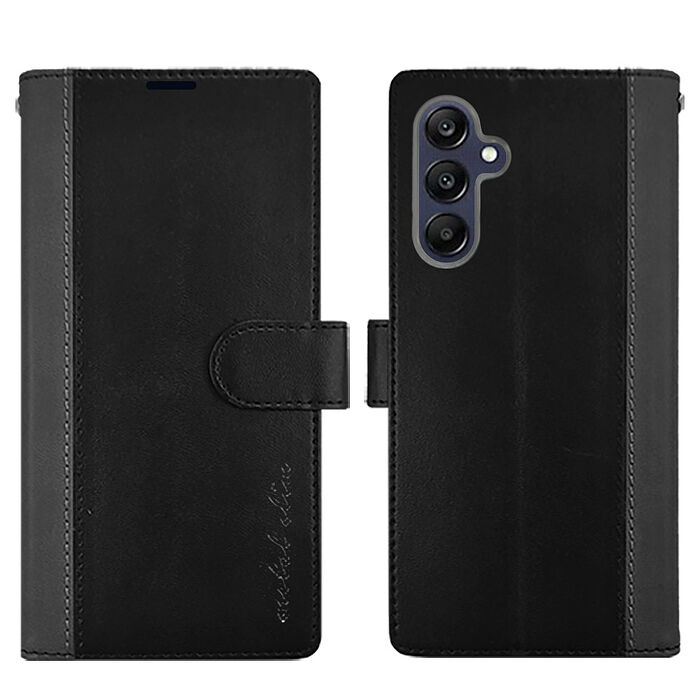 Metal-Slim Samsung Galaxy A25 5G 雙料撞色前扣磁吸內層卡夾皮套-黑+灰