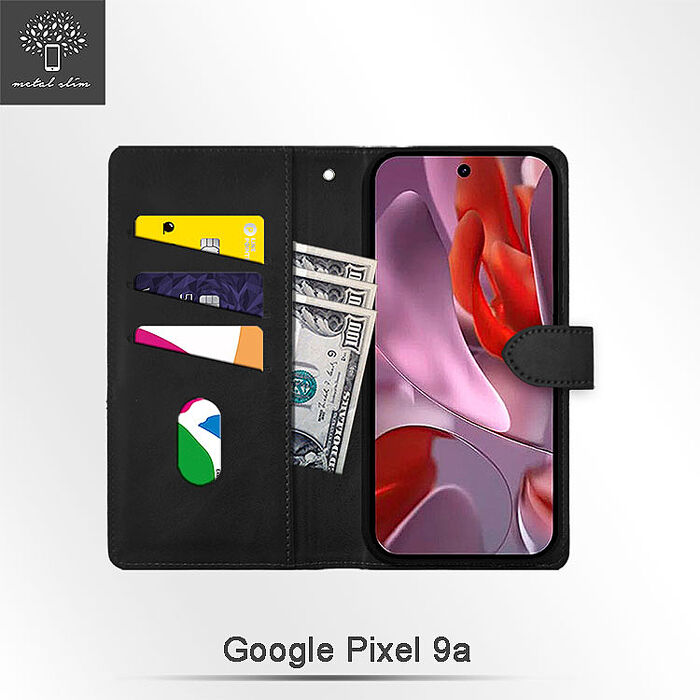 Metal-Slim Google Pixel 9a 時尚撞色前扣磁吸內層卡夾雙料皮套-黑+灰