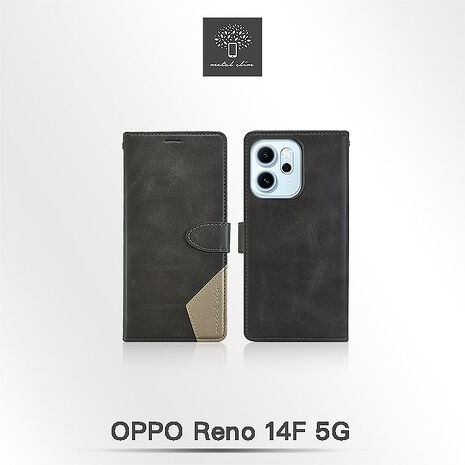 Metal-Slim OPPO Reno 14/14 Pro/14F 5G 時尚撞色前扣磁吸內層卡夾雙料皮套-灰+米