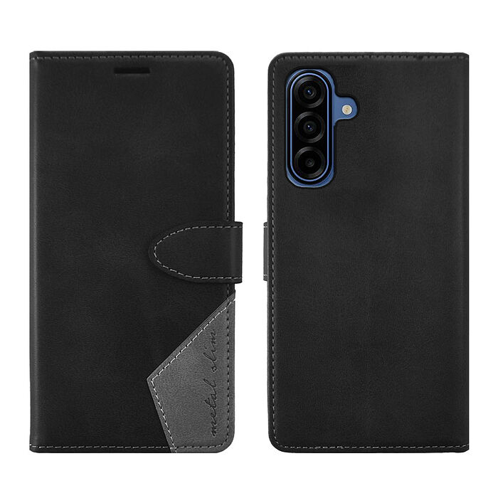 Metal-Slim Samsung Galaxy A17 5G 時尚撞色前扣磁吸內層卡夾雙料皮套-黑+灰