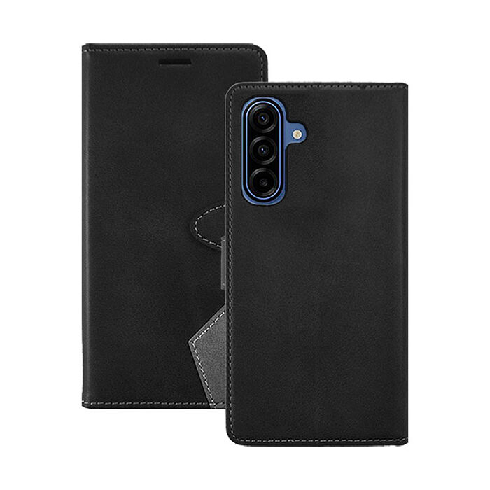 阿柴好物 Samsung Galaxy A17 5G 精裝撞色仿小牛皮前扣磁吸皮套-黑+灰