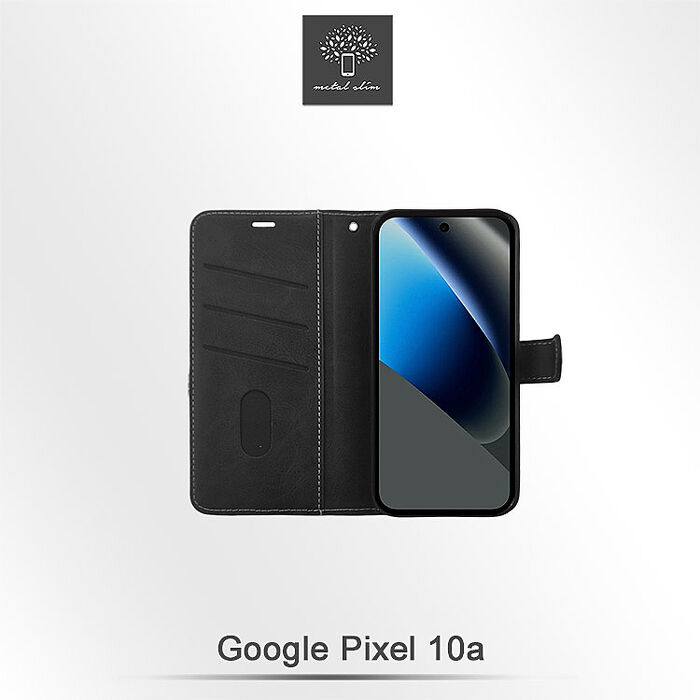Metal-Slim Google Pixel 10a 時尚撞色前扣磁吸內層卡夾雙料皮套-黑+灰