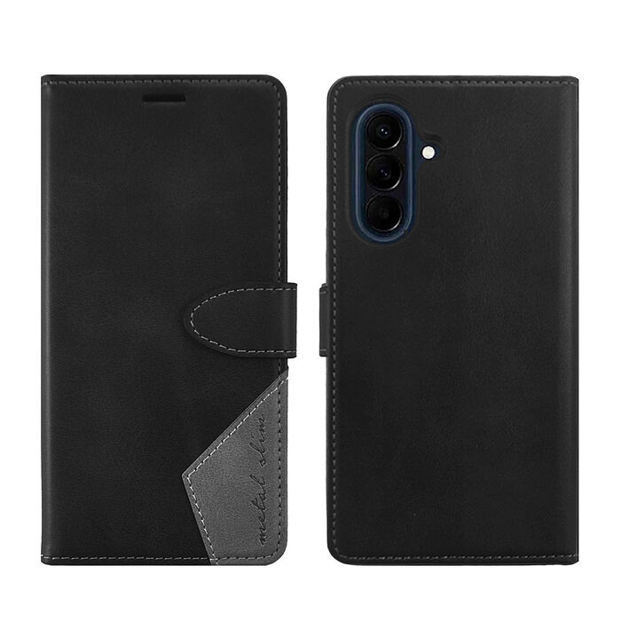 Metal-Slim Samsung Galaxy A57 5G 時尚撞色前扣磁吸內層卡夾雙料皮套-黑+灰