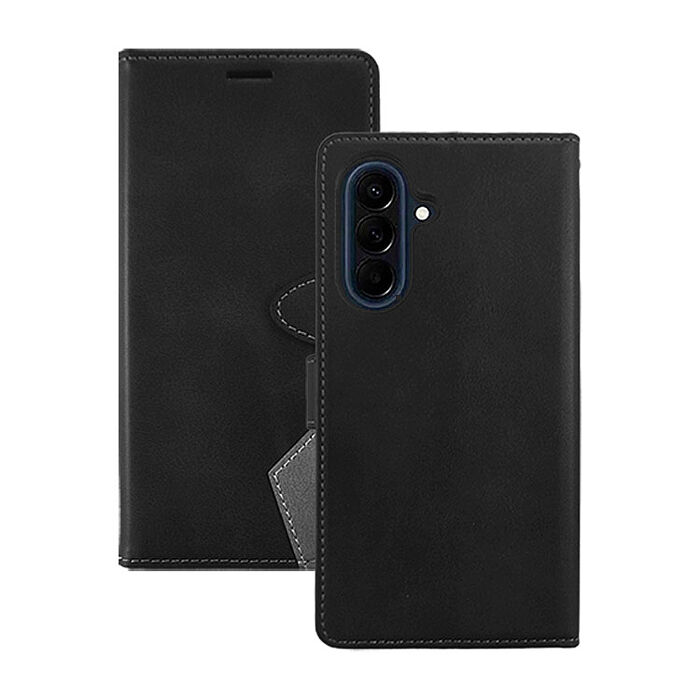 阿柴好物 Samsung Galaxy A57 5G 精裝撞色仿小牛皮前扣磁吸皮套-黑+灰