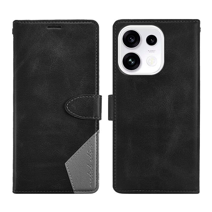 Metal-Slim OPPO Reno 16F 5G 時尚撞色前扣磁吸內層卡夾雙料皮套-黑+灰