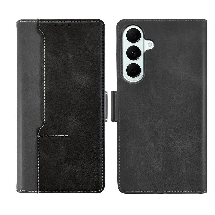 Metal-Slim Samsung Galaxy S26 FE 前插卡側扣磁吸雙料撞色皮套-黑+灰
