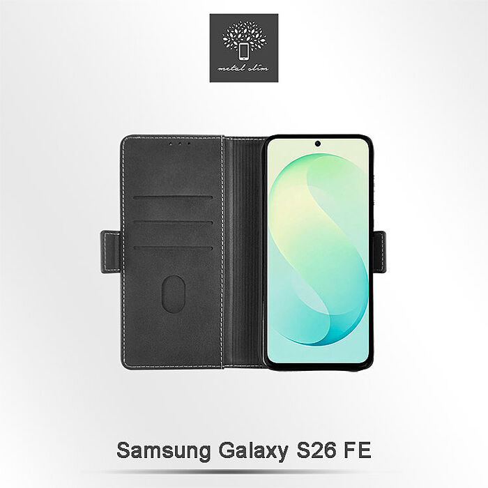 Metal-Slim Samsung Galaxy S26 FE 前插卡側扣磁吸雙料撞色皮套-黑+灰