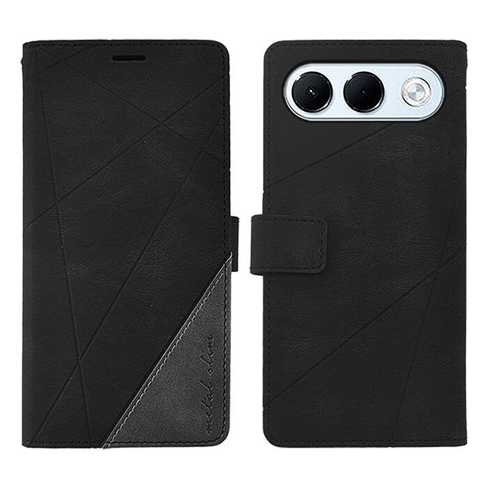 Metal-Slim OPPO A7 Pro 5G 幾何造型膚感雙料撞色磁吸皮套-黑+灰
