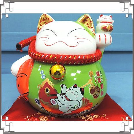 【妙妙家居】日式招财猫扑满-绿《ea5-3》9吋彩色招财猫存钱筒 店面