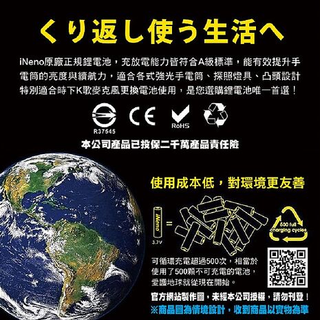 【限時免運】iNeno 18650高強度鋰電池 2200mAh(凸頭)