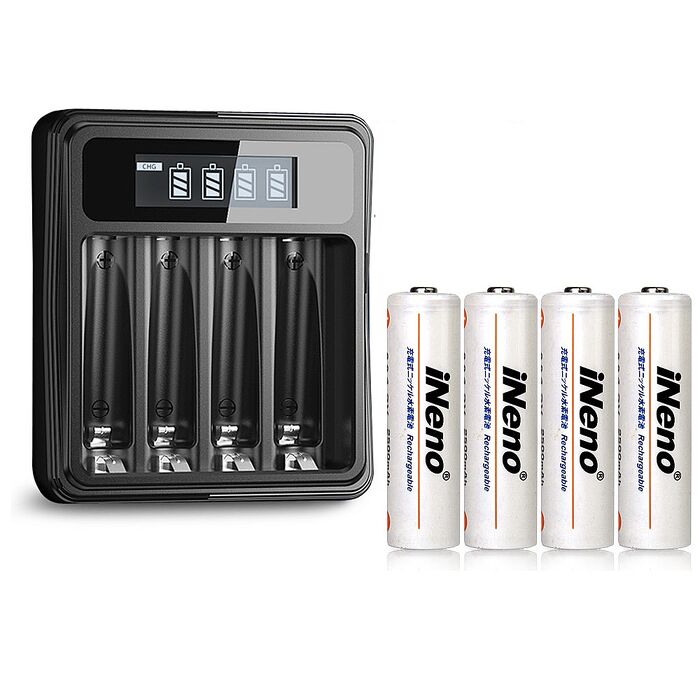 【iNeno】艾耐諾 低自放 鎳氫充電電池 2500mAh 3號/AA 4入+鎳氫電池液晶充電器
