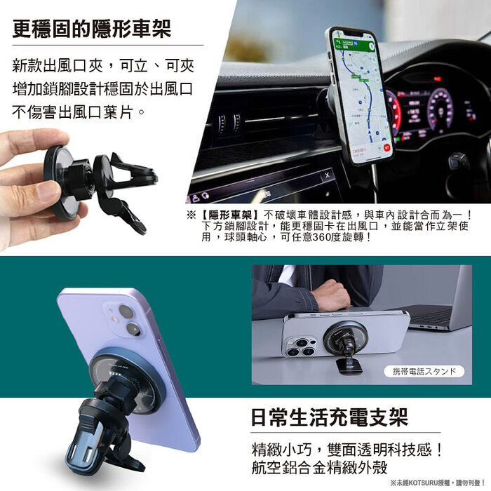 【日本KOTSURU】8馬赫 H04無線充電器 萬用隱形車架 車用/居家/辦公 MagSafee透明磁吸