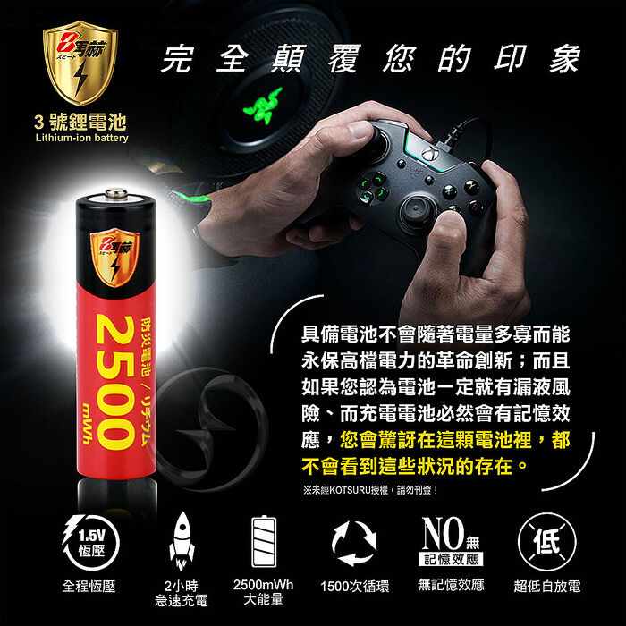 【8馬赫】3號/AA 恆壓可充式 1.5V鋰電池 全新設計 2500mWh 4入