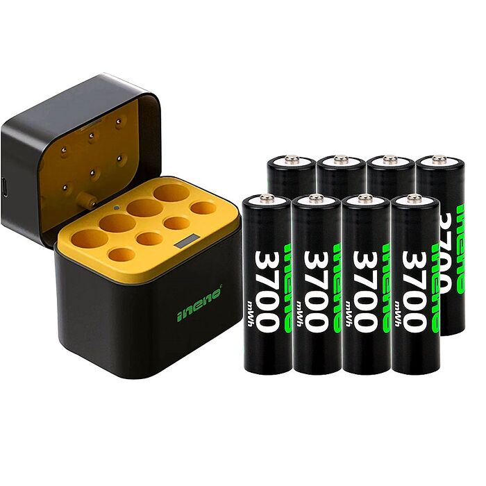【ineno】3號/AA 恆壓可充式1.5V鋰電池全新特大能量3700mWh8入+(3號/4號各4槽)AI隨身收納盒充電器