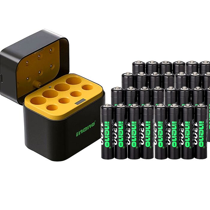 【ineno】1.5V鋰電池 1300mWh 4號32入 搭配AI隨身收納盒充電器(3號4號各4槽)