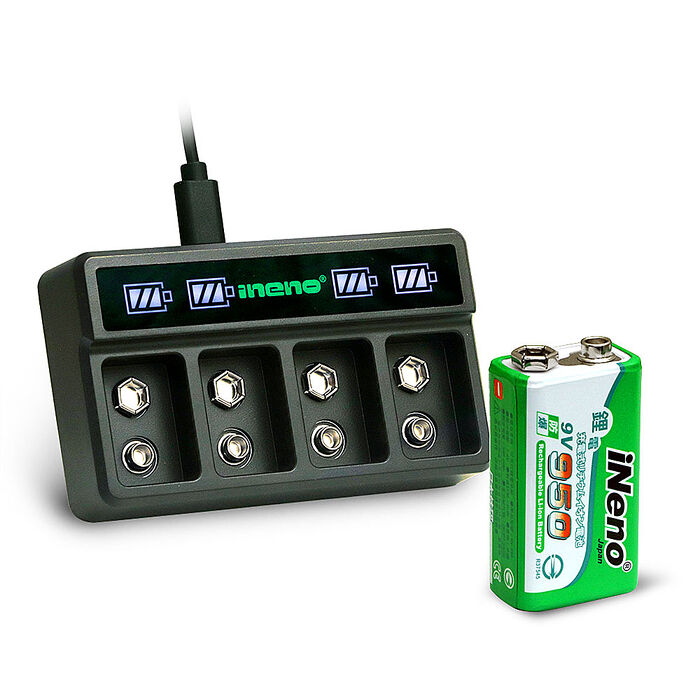 【ineno】9V-950可充式鋰電池(2入) + 9V鋰電/鎳氫 AI智能 LED顯示充電器(四槽)