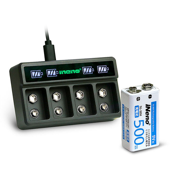 【ineno】9V/500max 鎳氫充電電池(2入) + 9V鋰電/鎳氫 AI智能 LED顯示充電器(四槽)