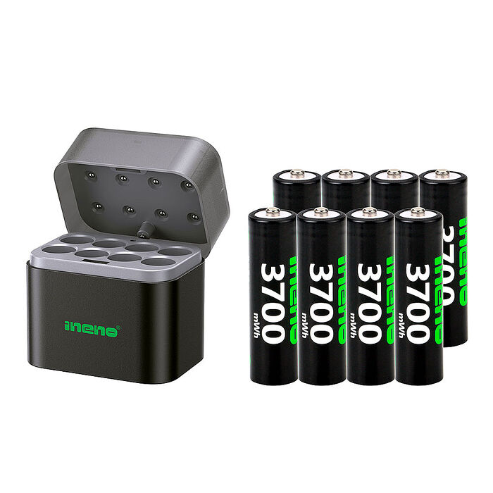 【ineno】3號/AA 恆壓可充式1.5V鋰電池全新特大能量3700mWh8入+(3號8槽)(鎳氫/鋰電 混充型)AI隨身收納盒充電器