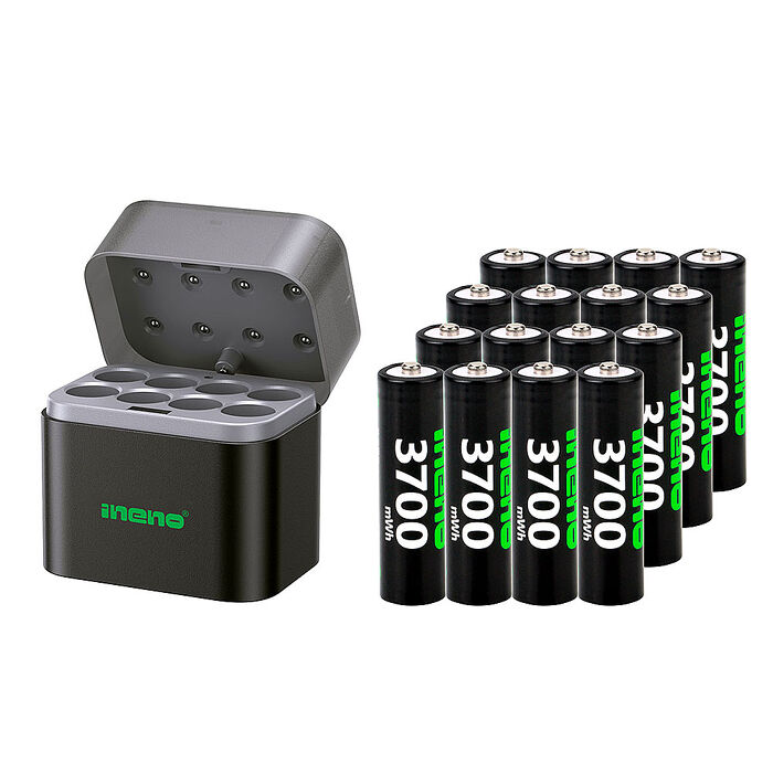 【ineno】3號/AA 恆壓可充式1.5V鋰電池全新特大能量3700mWh16入+(3號8槽)(鎳氫/鋰電 混充型)AI隨身收納盒充電器