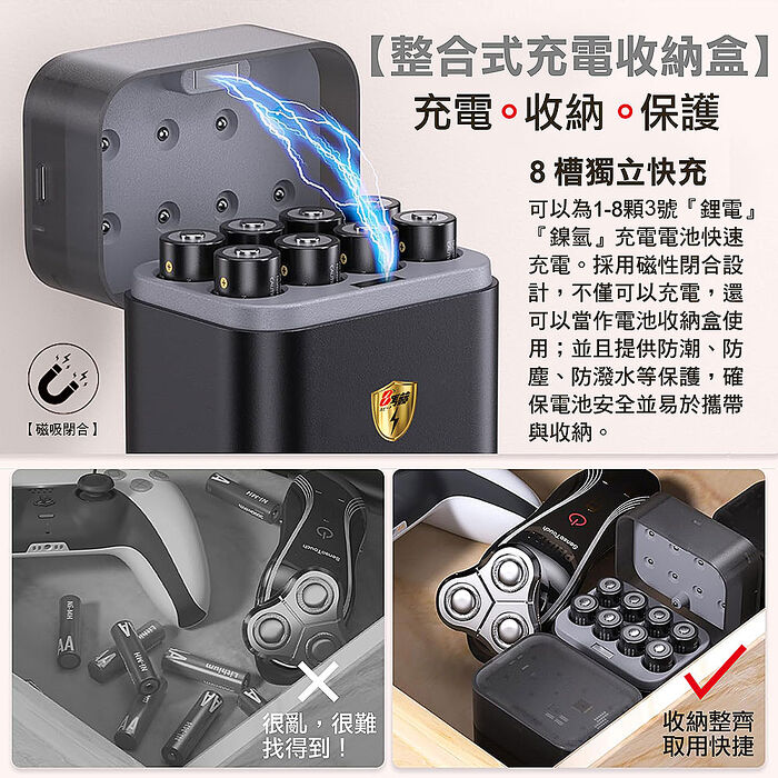 【8馬赫】3號/AA 恆壓可充式1.5V鋰電池全新特大能量3700mWh8入+(3號8槽)(鎳氫/鋰電 混充型)AI隨身收納盒充電器