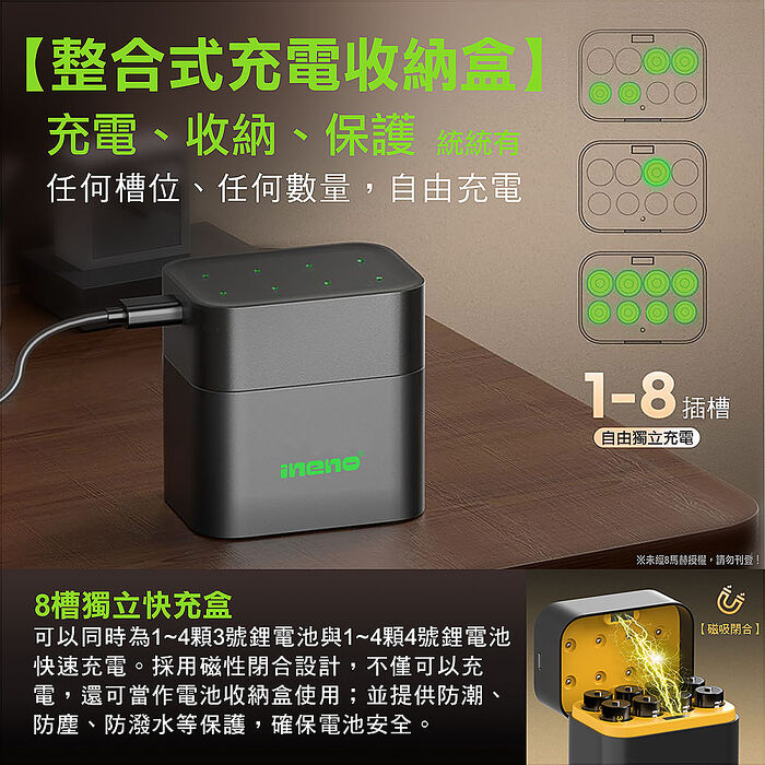 【ineno】3號/AA 4號/AAA 1.5V鋰電池 3700mWh 1300mWh 各8入+(3號/4號各4槽)AI隨身收納盒充電器