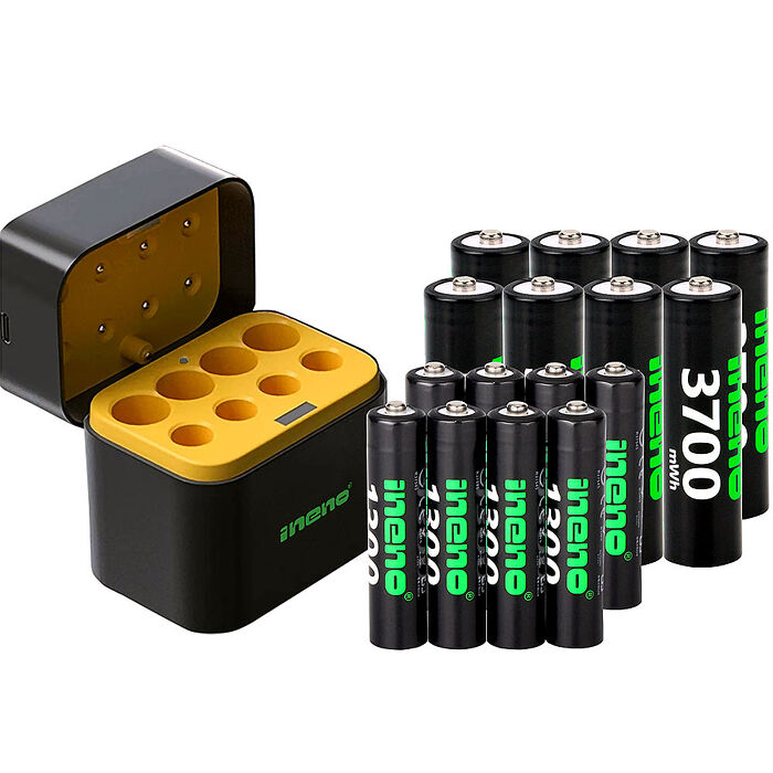 【ineno】3號/AA 4號/AAA 1.5V鋰電池 3700mWh 1300mWh 各8入+(3號/4號各4槽)AI隨身收納盒充電器