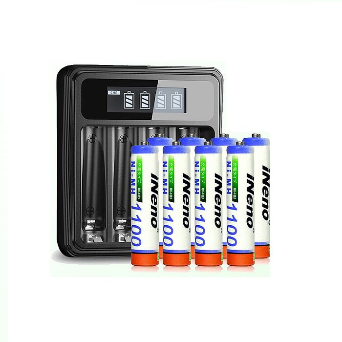 【iNeno】艾耐諾 高容量 鎳氫充電電池 1100mAh 4號/AAA 8入+鎳氫充電器