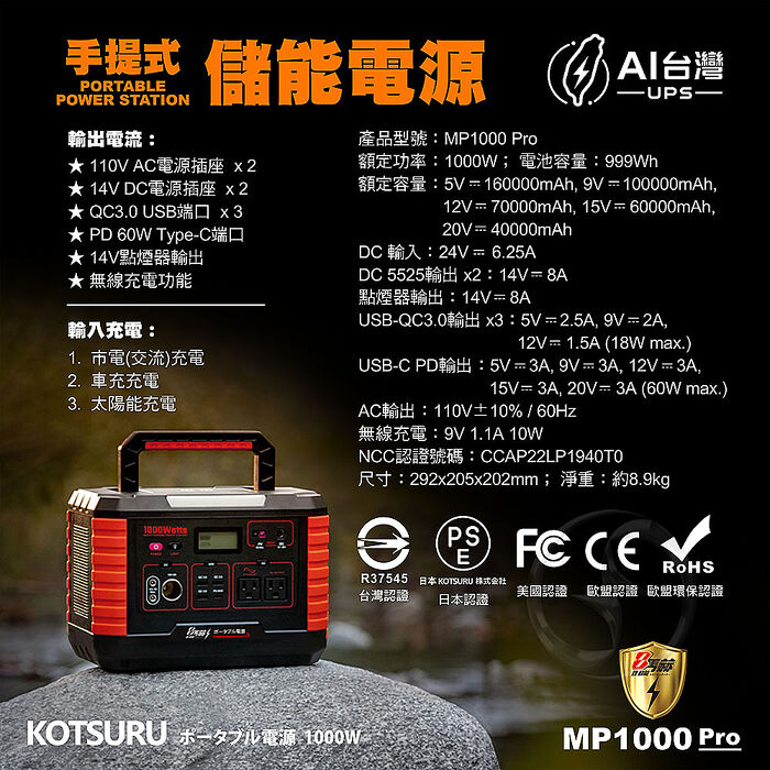KOTSURU 8馬赫 手提式儲能電源 1000W超大功率行動電源 AI UPS 0毫秒無縫供電 (含AI偵測系統)