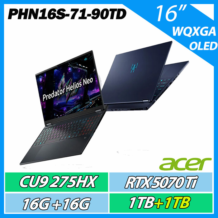 【升級特仕版】ACER 宏碁Predator PHN16S-71-90TD 16吋 AI 黑(Ultra9 275HX/32G/1TB+1TB/RTX5070Ti-12G/WIN11)
